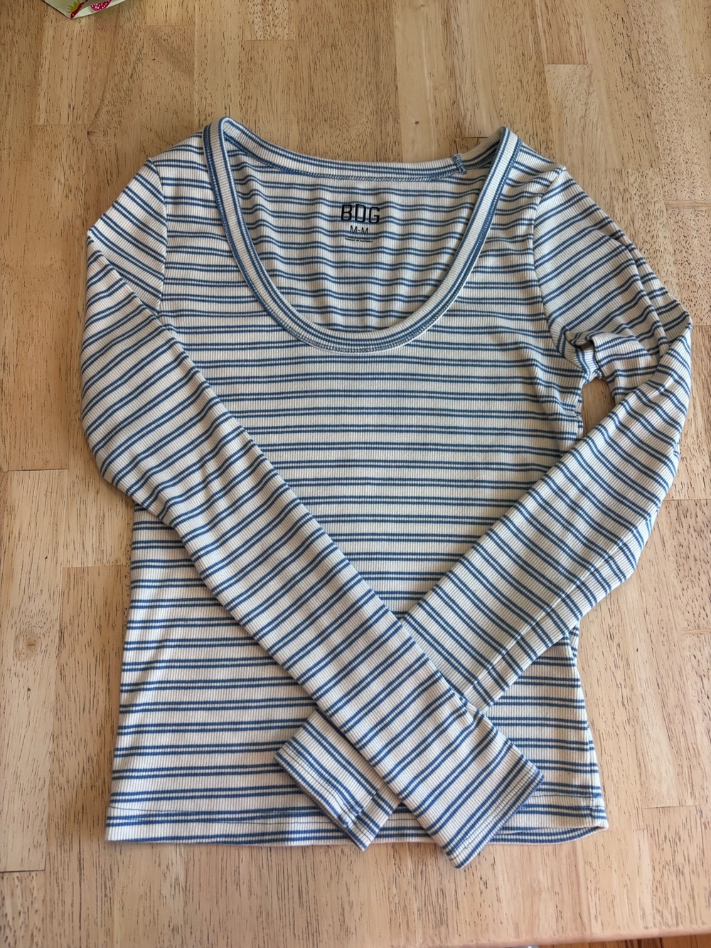 BDG Blue & Ivory Striped Scoop Neck Long Sleeve Tee